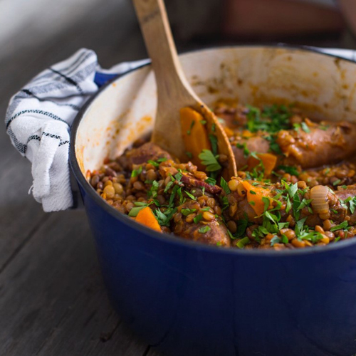 MKR’s Dan & Steph: Spicy Sicilian Sausage & Lentil Simmer