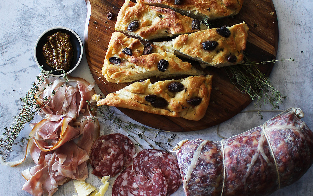Charcuterie Board with Homemade Olive Focaccia Bread